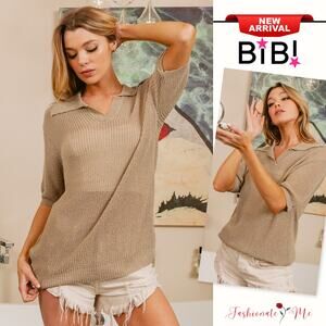 BiBi Short Sleeves Collared Neck Oversized Casual Knit Cover Up Top | Cappuccino